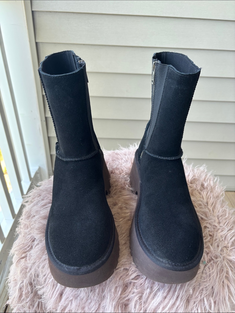 UGG Black Suede Platform Ankle Boots with Side Zip - Picture 2 of 8